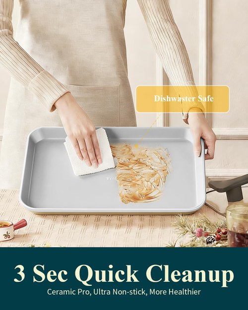 7PCS Ceramic-Coated Baking Sheet Set - Non-Stick Jelly Roll Pan & Cookie Sheet with Rack, Spatula & Cutters | PFAS Free, Oven Safe to 550°F, Sunshine Cream