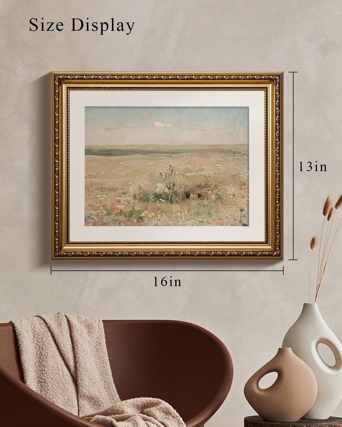 VIYYIEA Gold Framed Canvas Print - Vintage Meadow Landscape Oil Painting | Floral Home Decor 13x16in