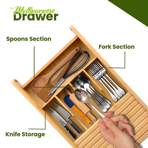 KozyKoala & Co. Bamboo Drawer Organizer with Sliding Lid - 5 Slot Kitchen Drawer Organizer & Utensil Holder - Wood Bamboo Cutlery Tray for Flatware & Multipurpose Storage for Home & Office