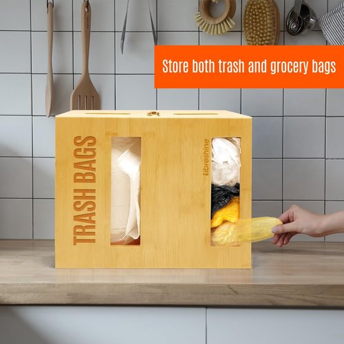 Libreshine 2-in-1 Extra Large Bamboo Trash Bag Dispenser Holder - Wall Mount Garbage Bag Organizer for Costco/Sam's Club Rolls, Space-Saving Kitchen/Pantry/Laundry/Garage Storage with Non-Slip Base