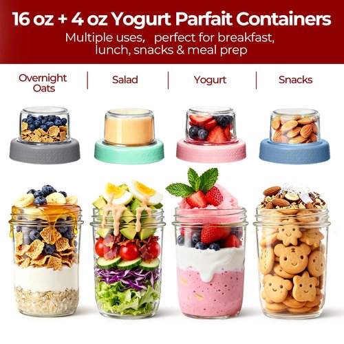 KTMAMA 4 Pack Glass Yogurt Parfait Cups with Lids, 16+4oz Reusable Containers with Dry & Wet Separation, Leak-Proof for Overnight Oats, Meal Prep, Portable to Work & School, Easy Clean