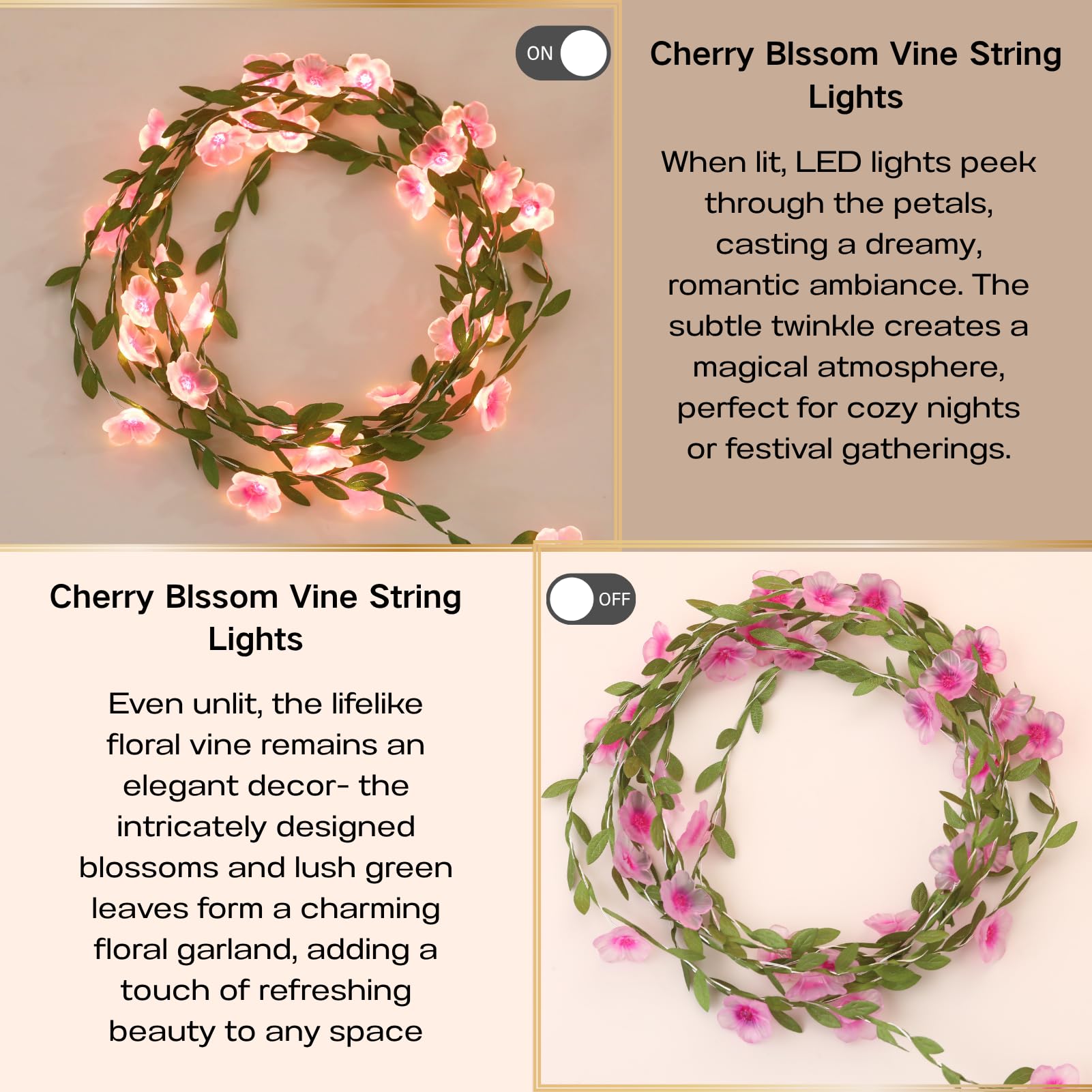 Cherry Blossom Vine Lights 13ft 40 LED Flower String Lights USB Plugin & Battery Operated Fairy Lights with Timer 8 Modes Remote Decorative Light for Graduation Bedroom Wedding Birthday Party Gift