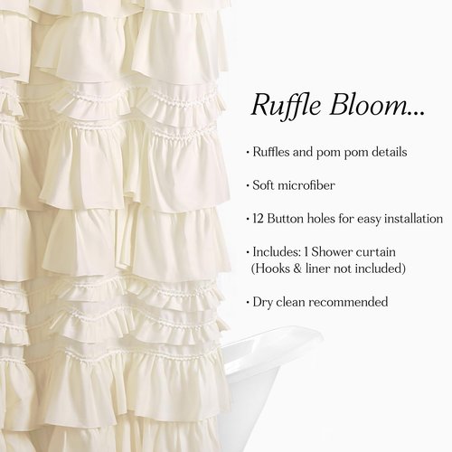 Lush Decor Kemmy Ruffled Shower Curtain, Single, 72" W x 72" L, Ivory - Bathroom Curtain - Fabric Shower Curtains for Bathroom - Coquette Decor