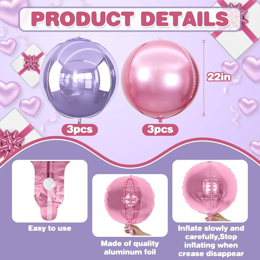 Skiennix 22-Inch Round Foil Balloons - 6 Pcs Metallic Pink & Purple for Birthday & Wedding Decor