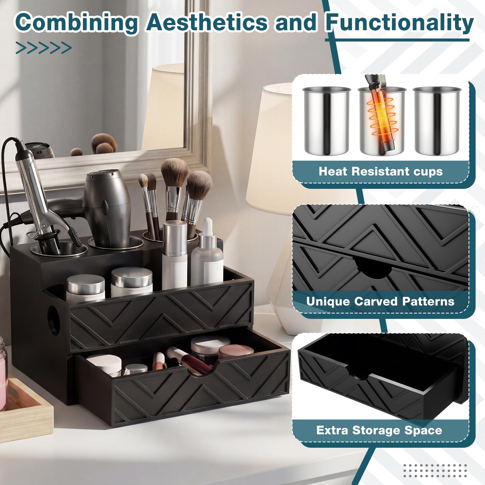 AceOrbit Hair Tool Organizer with Drawer, Hair and Makeup Bathroom Vanity Organizers and Storage Fits Blow Dryer, Curling Iron, Makeup Brushes, Skincare, Hot Tools Organizer for Tidy Counter(Black)