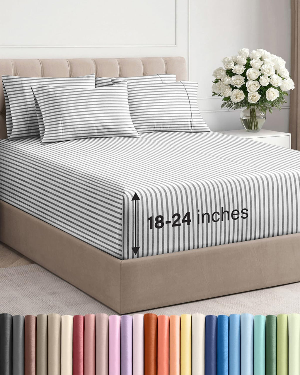 Skiennix Extra Deep King Sheet Set | 6-Piece Breathable Cooling Bedding - Hotel Luxury - Soft, Wrinkle-Free, Grey Stripes