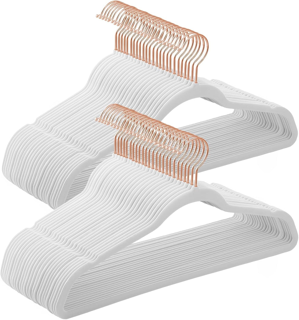SONGMICS Slim Velvet Hangers - Non-Slip Clothes Hangers with Rose Gold Hooks | Space-Saving 50 Pack, White
