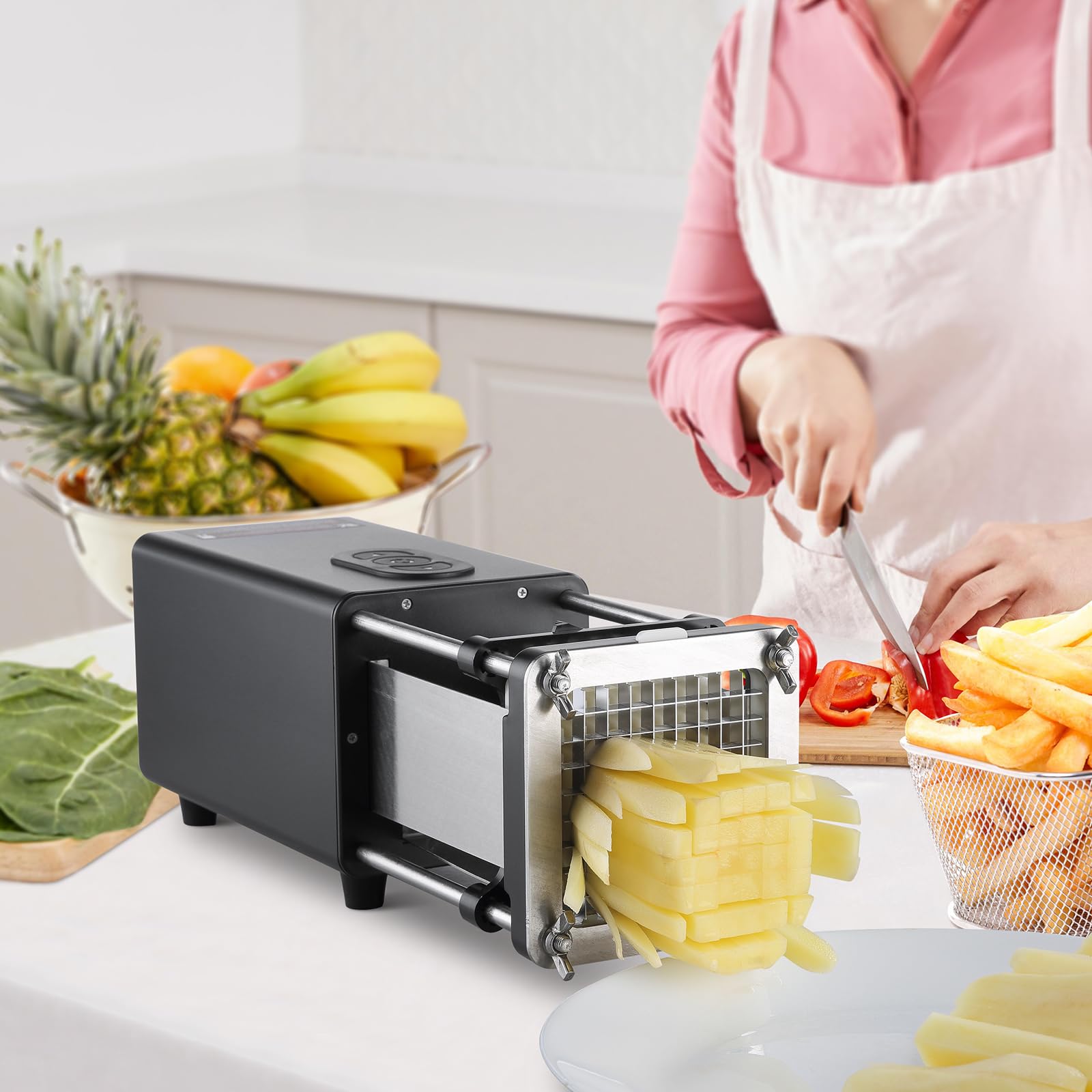 VEVOR Electric French Fry Cutter, Potato Slicer with 1/2-Inch and 3/8-Inch Stainless Steel Blades, Potato Cutter Chopper w/Anti-slip Feet, Great for Potato, French Fries, Cucumber, Vegetables, Carrot