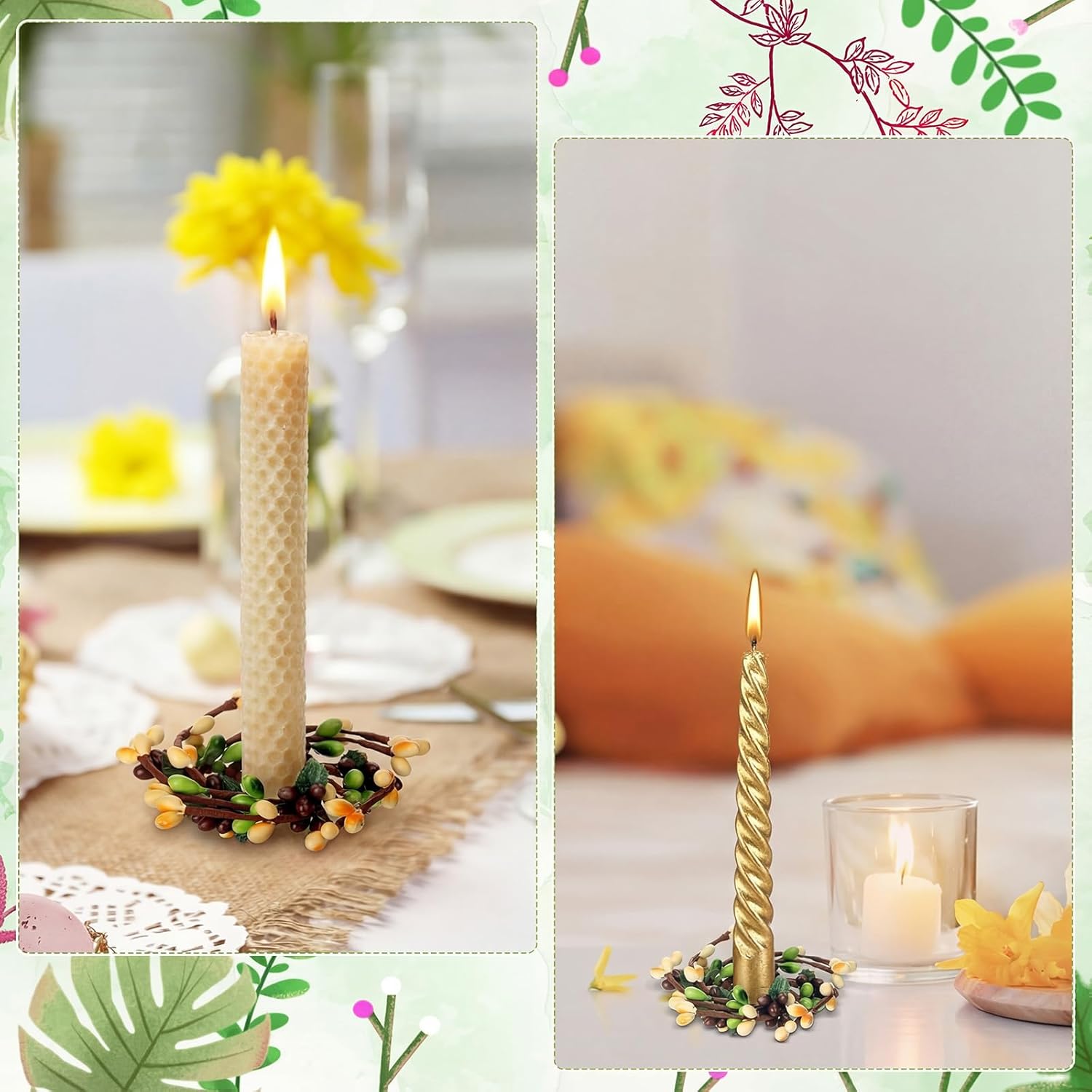 Suncalla Taper Candle Rings - 4 Pcs Mini Artificial Pip Berry Wreaths for Home Table Decor | 1.26''