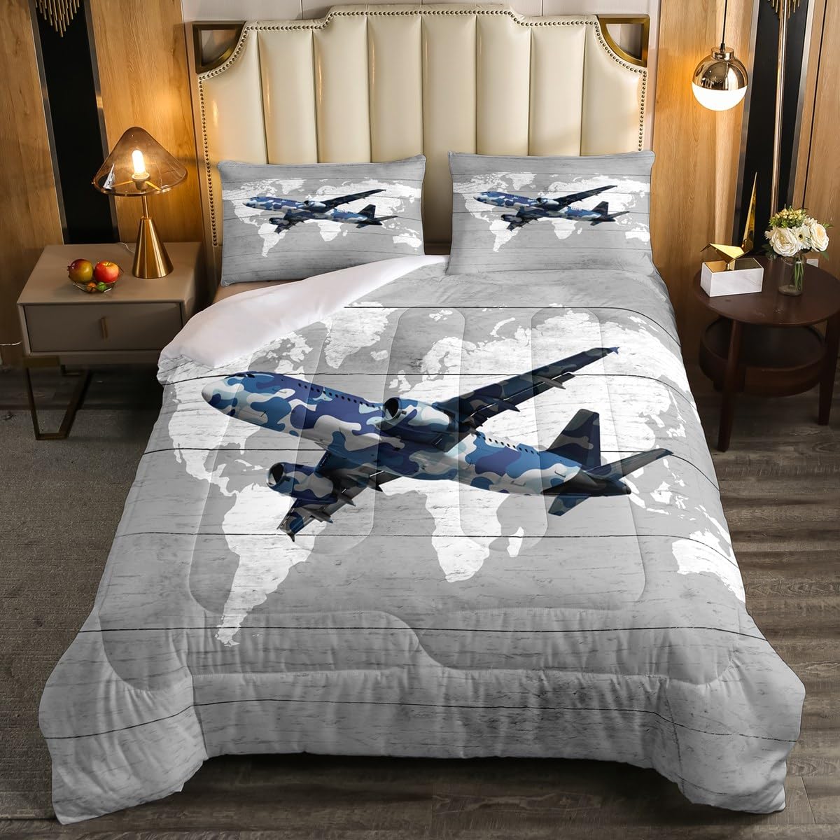 Erosebridal Kids Adult Airplane Comforter Set Full Size,Navy Blue Camo Plane Bedding Set for Toddler Boys Girls,Aviation Decor for Home Aircraft Comforter Set Breathable Map Quilt Bed Set 3Pcs