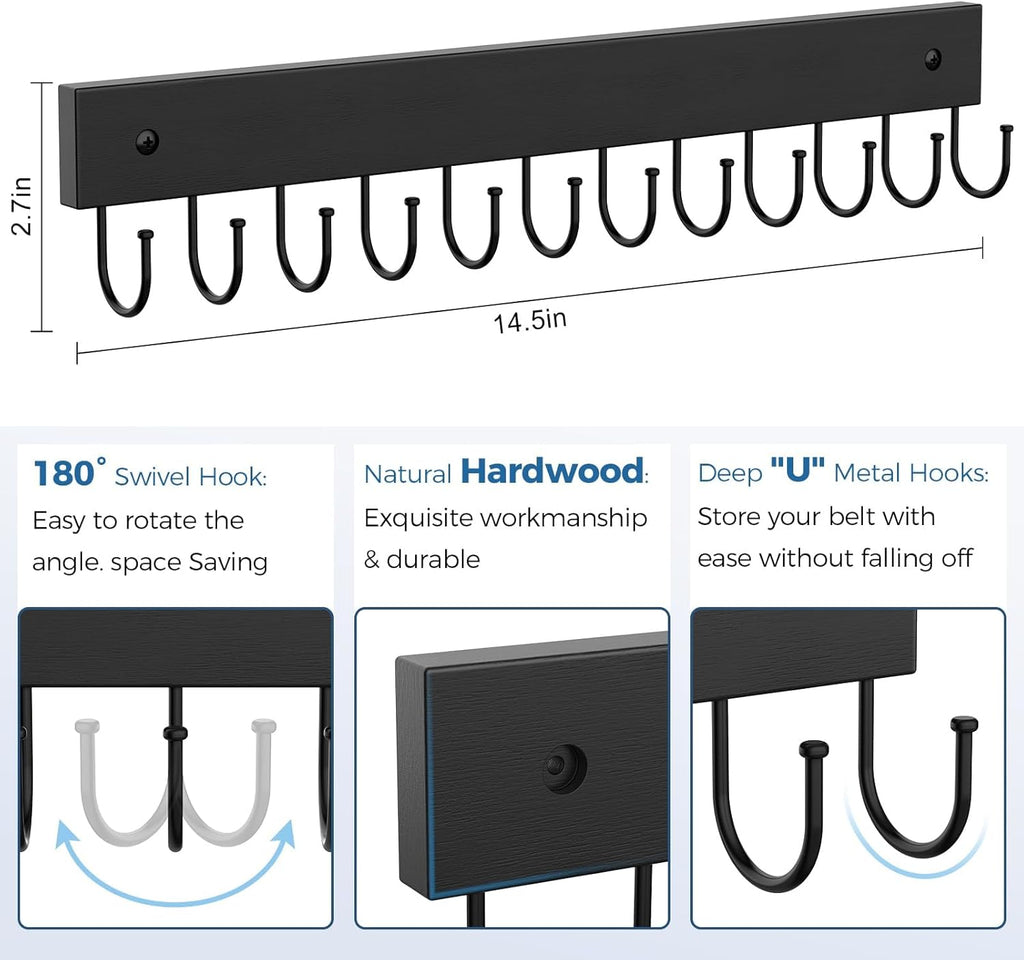 Skiennix Wooden Belt Hanger - Wall-Mounted Organizer with 24 Storage Capacity | 180° Rotating Design in Black