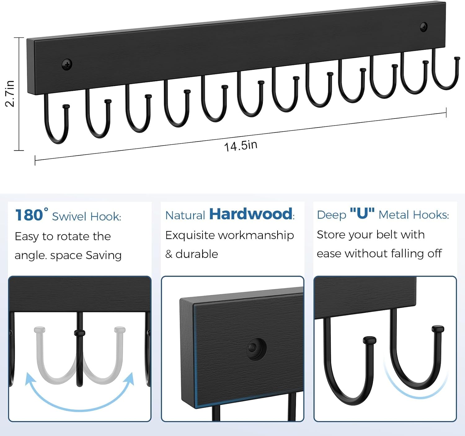 Skiennix Wooden Belt Hanger - Wall-Mounted Organizer with 24 Storage Capacity | 180° Rotating Design in Black