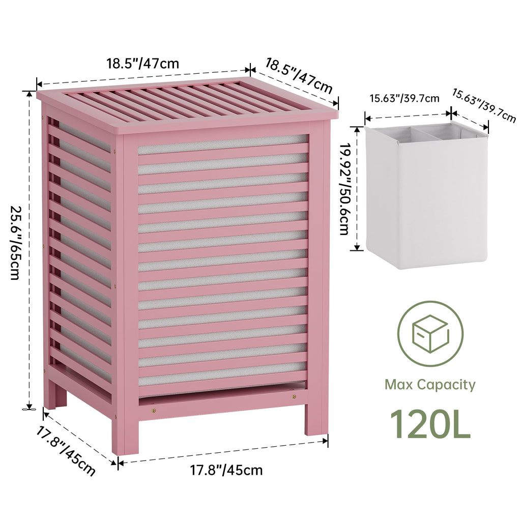 SMIBUY Double Laundry Hamper with Lid, 120L Bamboo Laundry Basket with Removable Liner Bag, 2-Section Clothes Divider Laundry Sorter for Laundry Room, Bathroom, Bedroom (Pink)