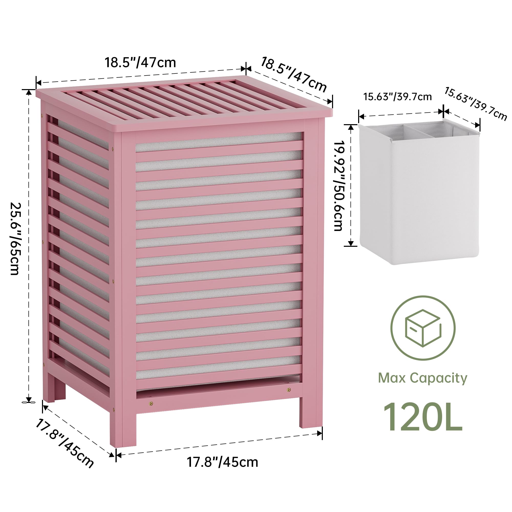 SMIBUY Double Laundry Hamper with Lid, 120L Bamboo Laundry Basket with Removable Liner Bag, 2-Section Clothes Divider Laundry Sorter for Laundry Room, Bathroom, Bedroom (Pink)