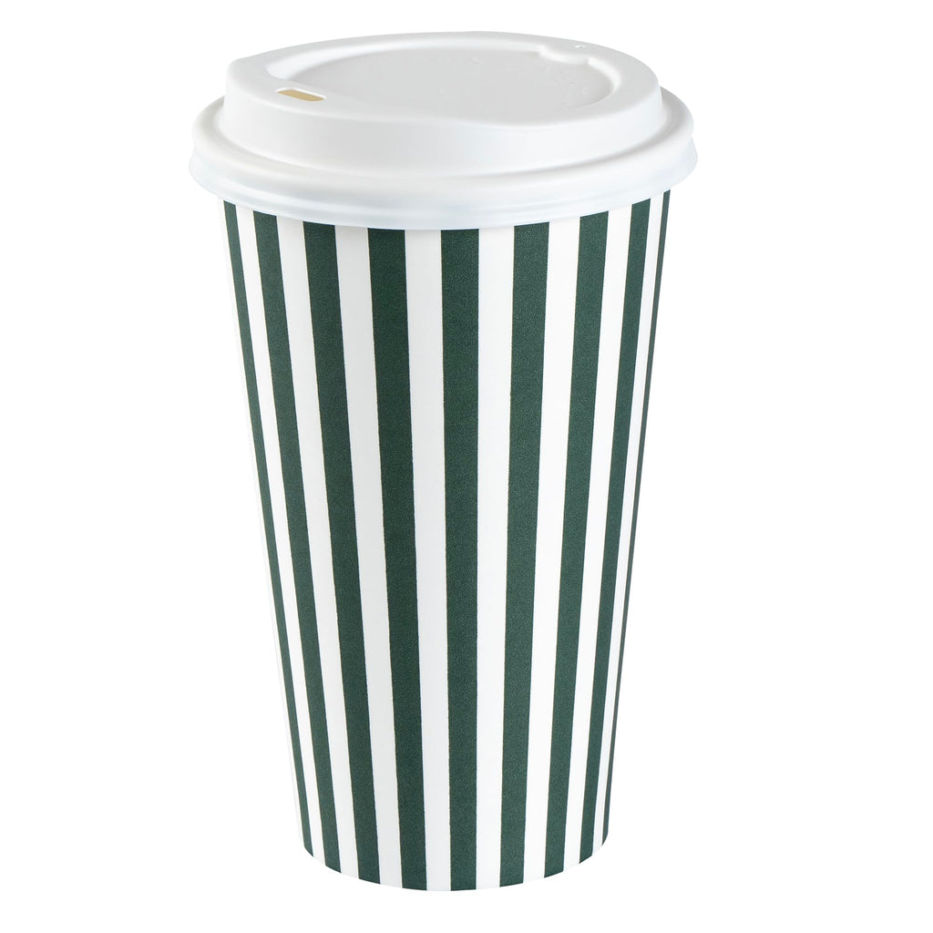Restaurantware 16 Ounce Disposable Coffee Cups With Lids, 400 Hot Cups With Lids - Sleeves Sold Separately, Single Wall, Forest Green And White Stripe Paper Coffee Cups, For Coffee And More