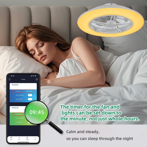 Low Profile Ceiling Fan with Light, Enclosed Bladeless Ceiling Fan, Bluetooth Speaker, 6 Speeds Reversible, Stepless Dimming, Smart Flush Mount Ceiling Light for Bedroom, Kids Room and Living Room 22"