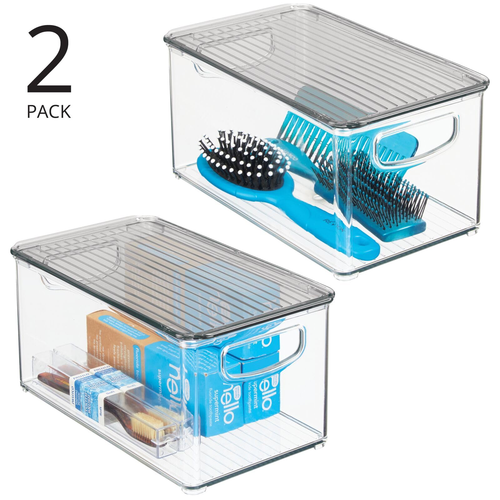 mDesign Deep Plastic Bathroom Storage Bin Box, Lid/Built-in Handles, Organization for Makeup, Hair Styling Tools, Toiletry Accessories in Cabinet, Shelves, Ligne Collection, 2 Pack, Clear/Smoke Gray