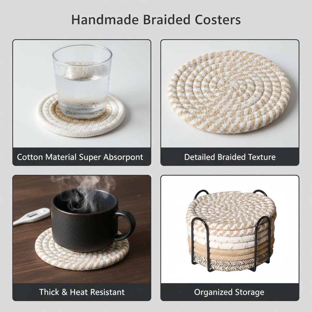 ZEXOLAP Drink Coasters Set of 8 with Holder – Cotton Woven Absorbent Coasters, 4 Colors for Coffee, Beer, Drinks & Tabletop Protection
