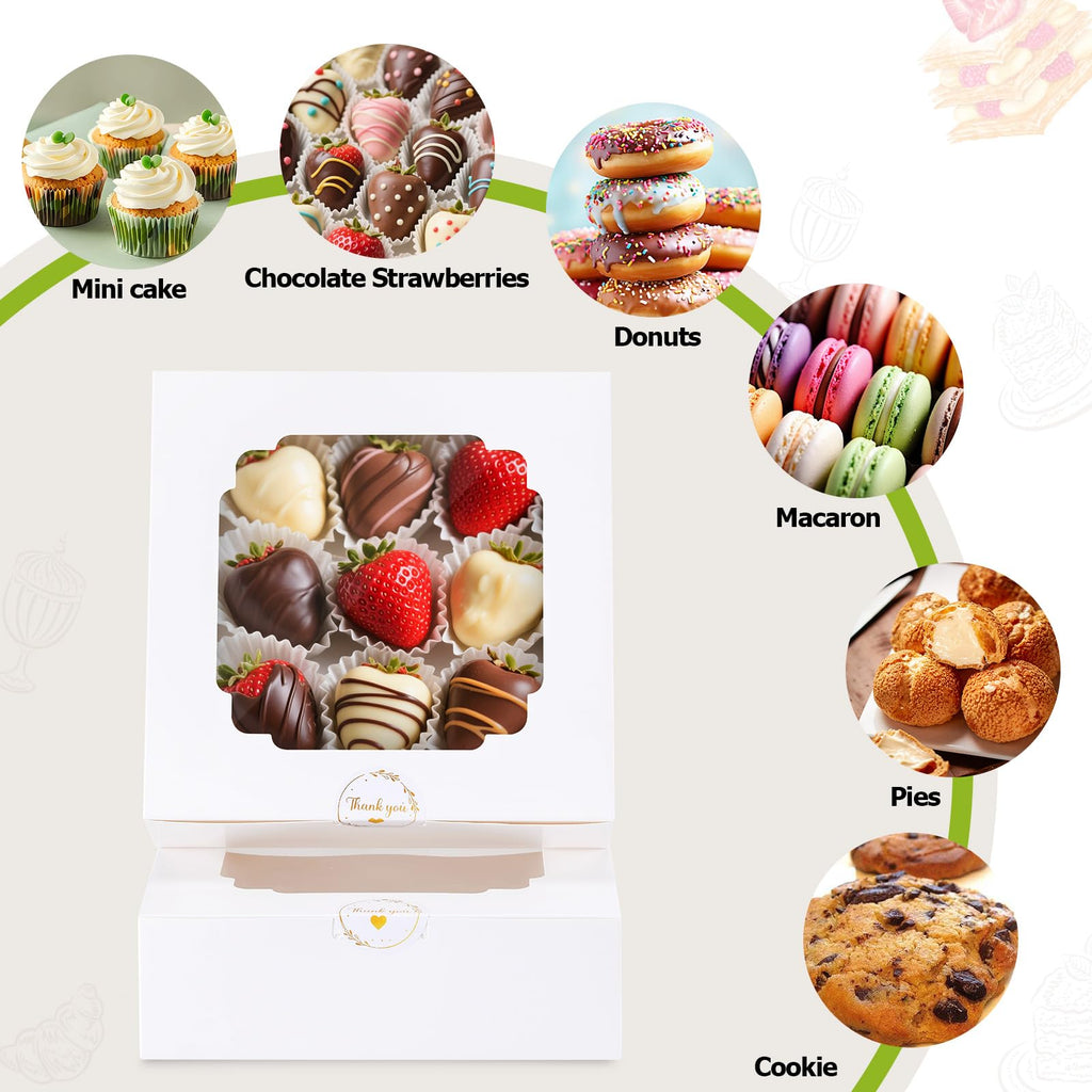 YODYZJ 20-Pack Bakery Boxes with Window, 8"x8"x2.5" White Treat Boxes for Dessert, Cookie, Chocolate Strawberry, Donut and Pastry