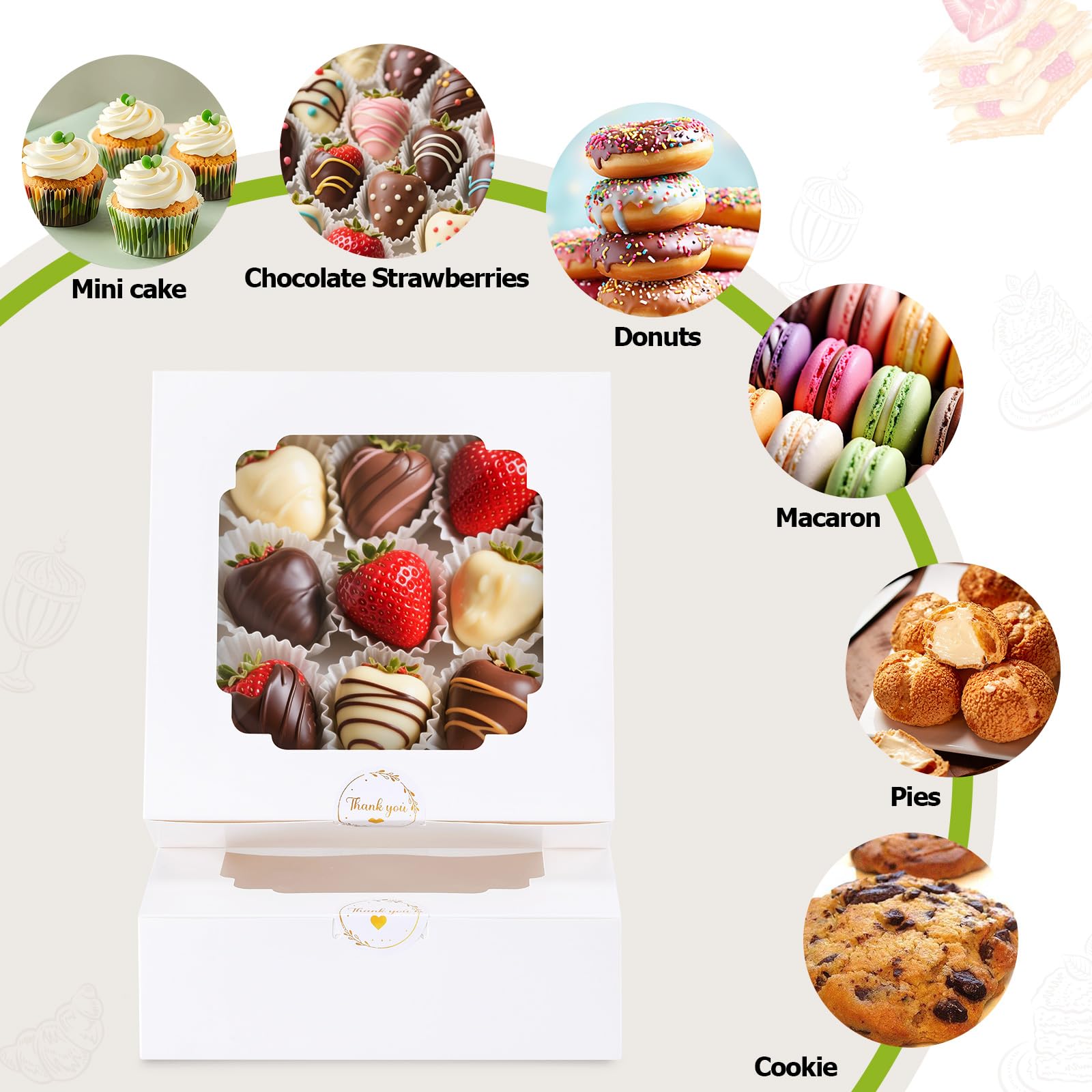 YODYZJ 20-Pack Bakery Boxes with Window, 8"x8"x2.5" White Treat Boxes for Dessert, Cookie, Chocolate Strawberry, Donut and Pastry