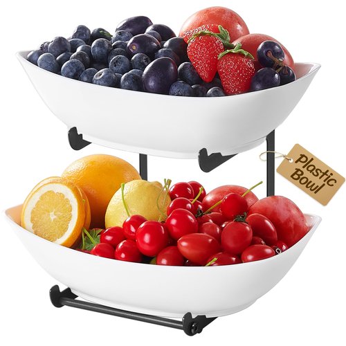 Lifewit Plastic Fruit Bowl for Kitchen Counter, 2 Tier Fruit Basket with Gold Metal Stand, Tiered Fruit Holder for Countertop Serving Tray for Vegetable/Dessert in Party 28 x 21 x 23cm/11 x 8.4 x 9