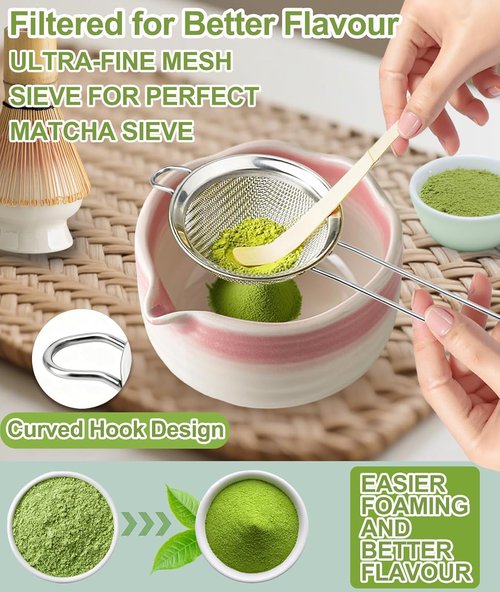 JBER Matcha Whisk Set - 7PCS Ceramic Matcha Kit with Bowl, Bamboo Whisk, Sifter & Spoon | Gradient Pink