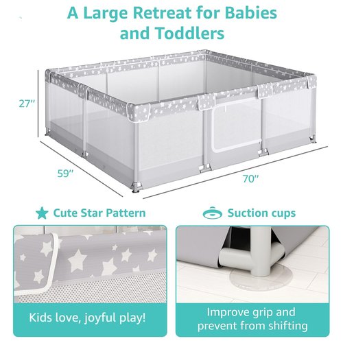 Large Baby Playpen - 70x59in Giant Play Yard for Babies & Toddlers | Safe Indoor Play Fence in Grey