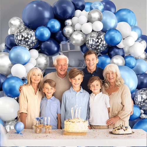 Blue White Silver Balloons Arch Kit - Navy Blue & White with Metallic Confetti for Graduation & Parties
