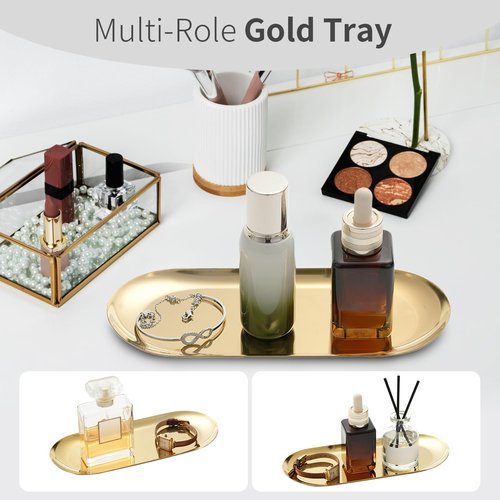 3 Pack Gold Trays for Decor, Stainless Steel Decorative Tray, Small Vanity Tray for Bathroom, Elegant Jewelry Tray for Holding Perfume, Keys, Wallet, Business Cards, Candle, Oval