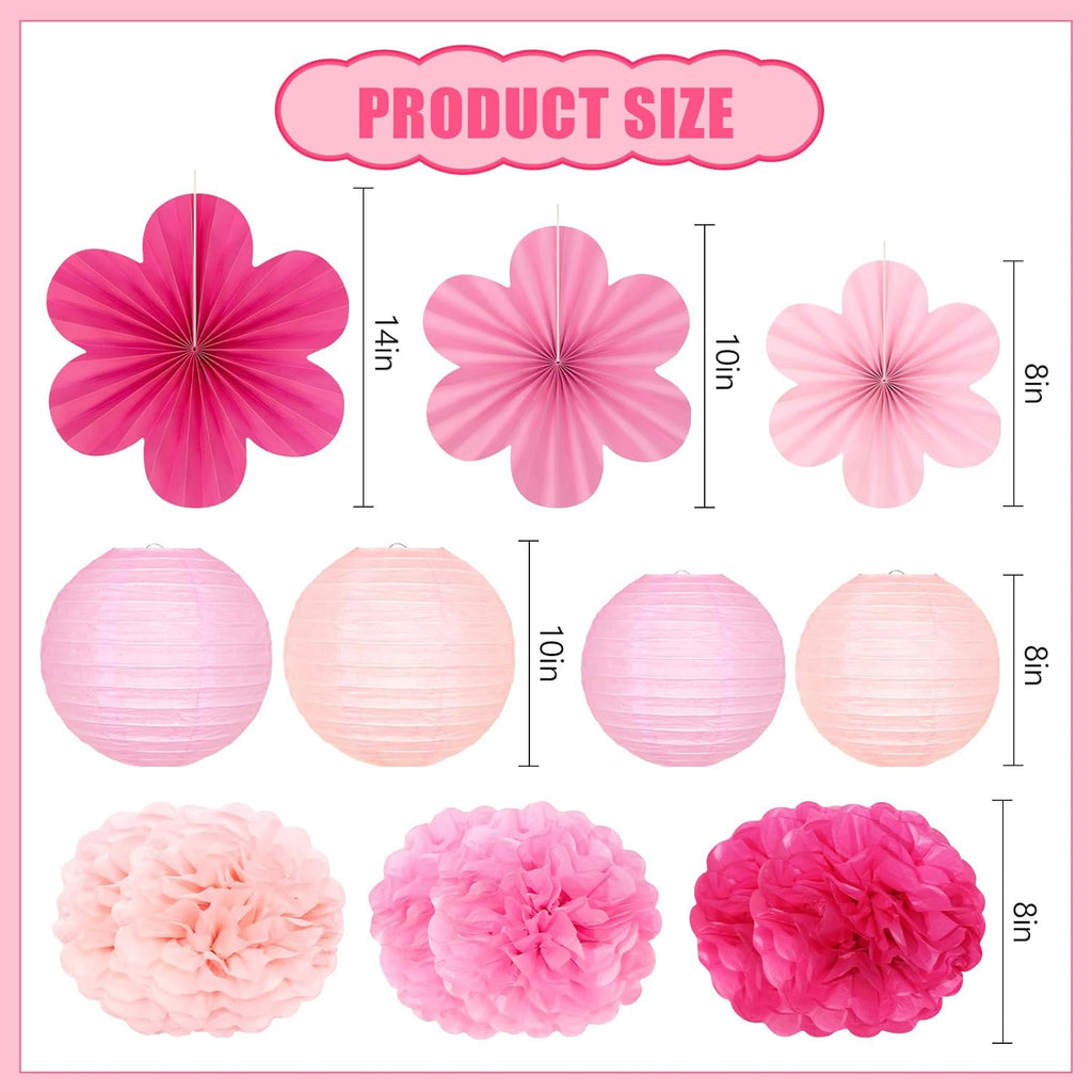 Skiennix 19 Pcs Pink Party Decorations - Light Hot Pink Hanging Lanterns & Tissue Pom Poms for Birthdays & Weddings