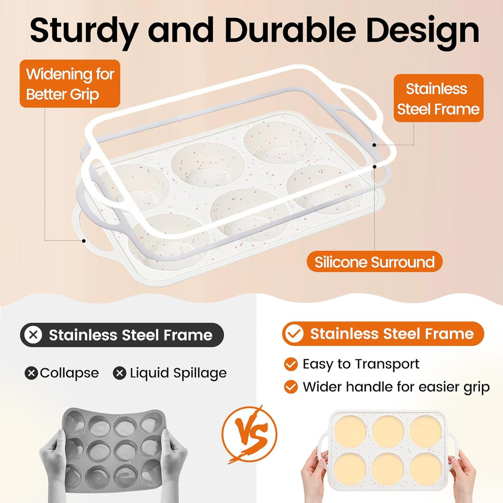 Skiennix Jumbo Muffin Pan Set - Non-Stick Food Grade Silicone | 6 Cup with Metal Frame & Handles, BPA-Free