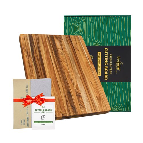 BEEFURNI Teak Wood Cutting Board with Hand Grip (M, 20x15x1.25"), Large Wooden Cutting Boards for Kitchen, Chopping Board Wood, Butcher Block, Charcuterie Board, Christmas Gifts, 1-Year Warranty