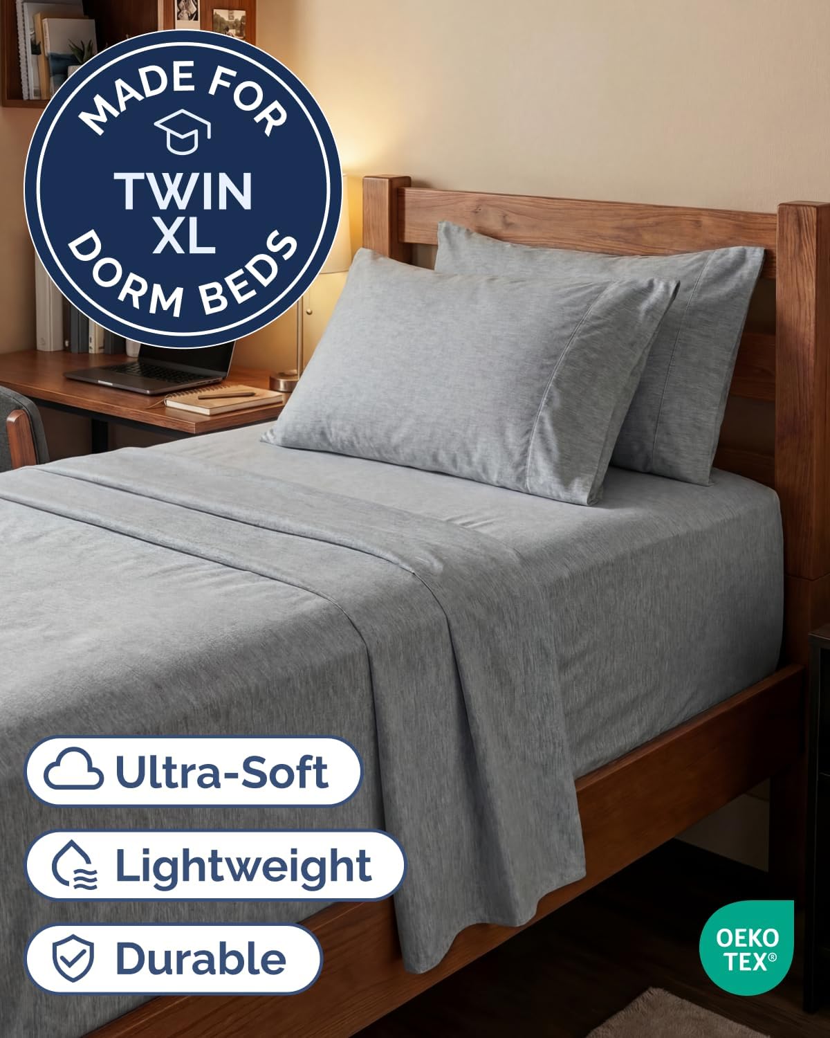 Skiennix Extra Deep Twin XL Sheet Set - 4 Piece Breathable Cooling Bedding - Soft Wrinkle-Free Heathered Grey