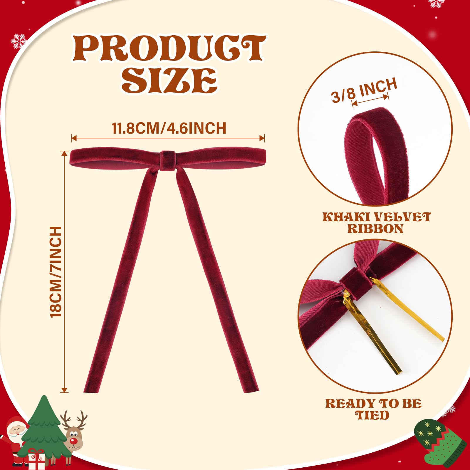 24 Pcs Red Velvet Christmas Ornaments, Rustic Velvet Bows for Christmas Tree, 5x7 Inch Pre-Tied Vintage Xmas Bows for Wreaths, Gifts and Holiday Home Décor, Ribbon Bows for Garland (3/8")