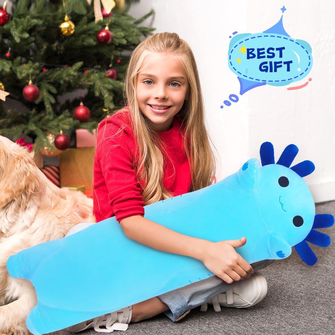 Sausudols Long Axolotl Plush, 27.6” Long Axolotl Body Pillow for Kids, Cute Axolotl Stuffed Animals for Girls, Soft Plushies Toy Gifts for Birthday Blue