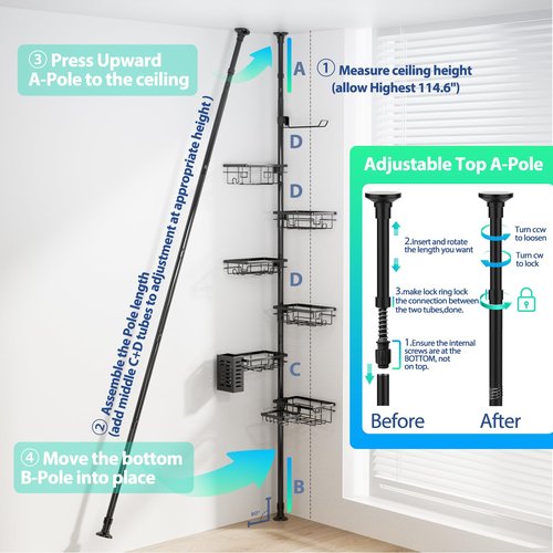 Corner Shower Caddy Organizer Tension Pole, Adjustable 6 Shower Shelves Corner Shelf 30-120Inch Rustproof Shower Rack for Inside Shower, Extra Towel Bar Soap Dish Bathroom Organizers and Storage Black