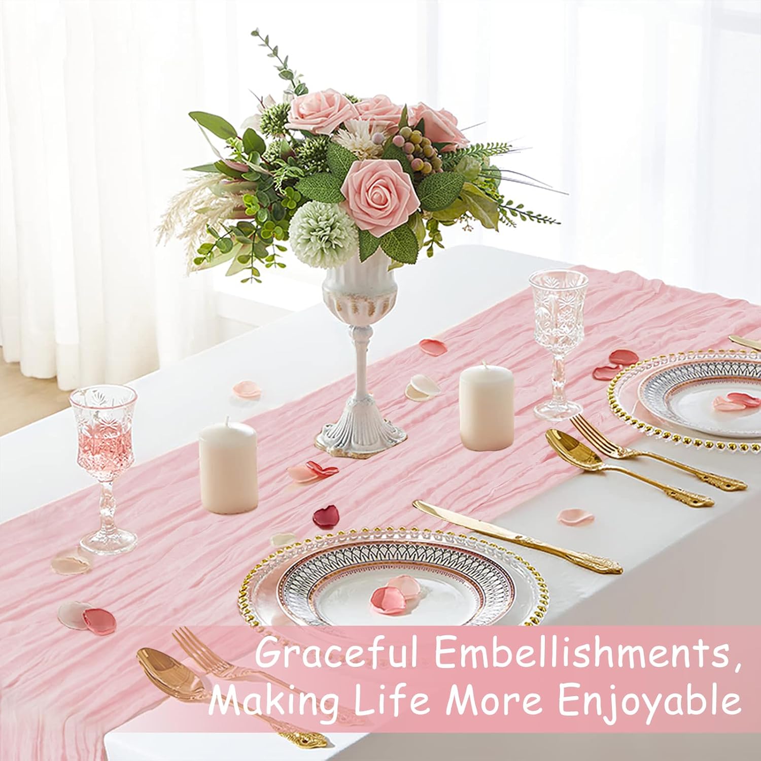 Skiennix Pink Table Runner - 10 Ft Rustic Gauze Cheesecloth for Weddings & Parties | Boho Design
