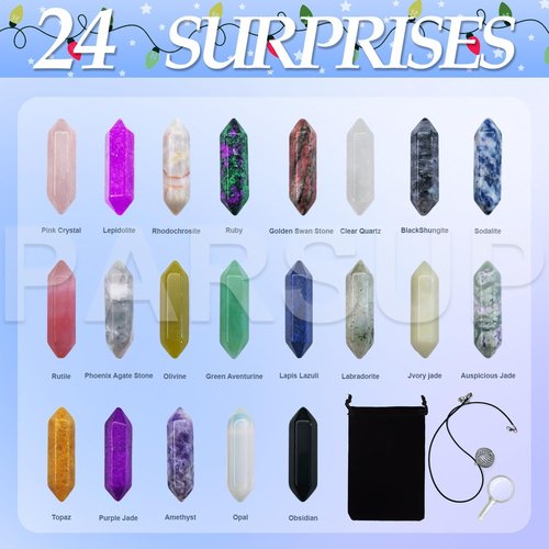 Christmas Crystal Advent Calendar 2025 - Healing Stones Kit with Necklace Holder & Magnifier | 24 Gemstone Boxes for Kids & Adults