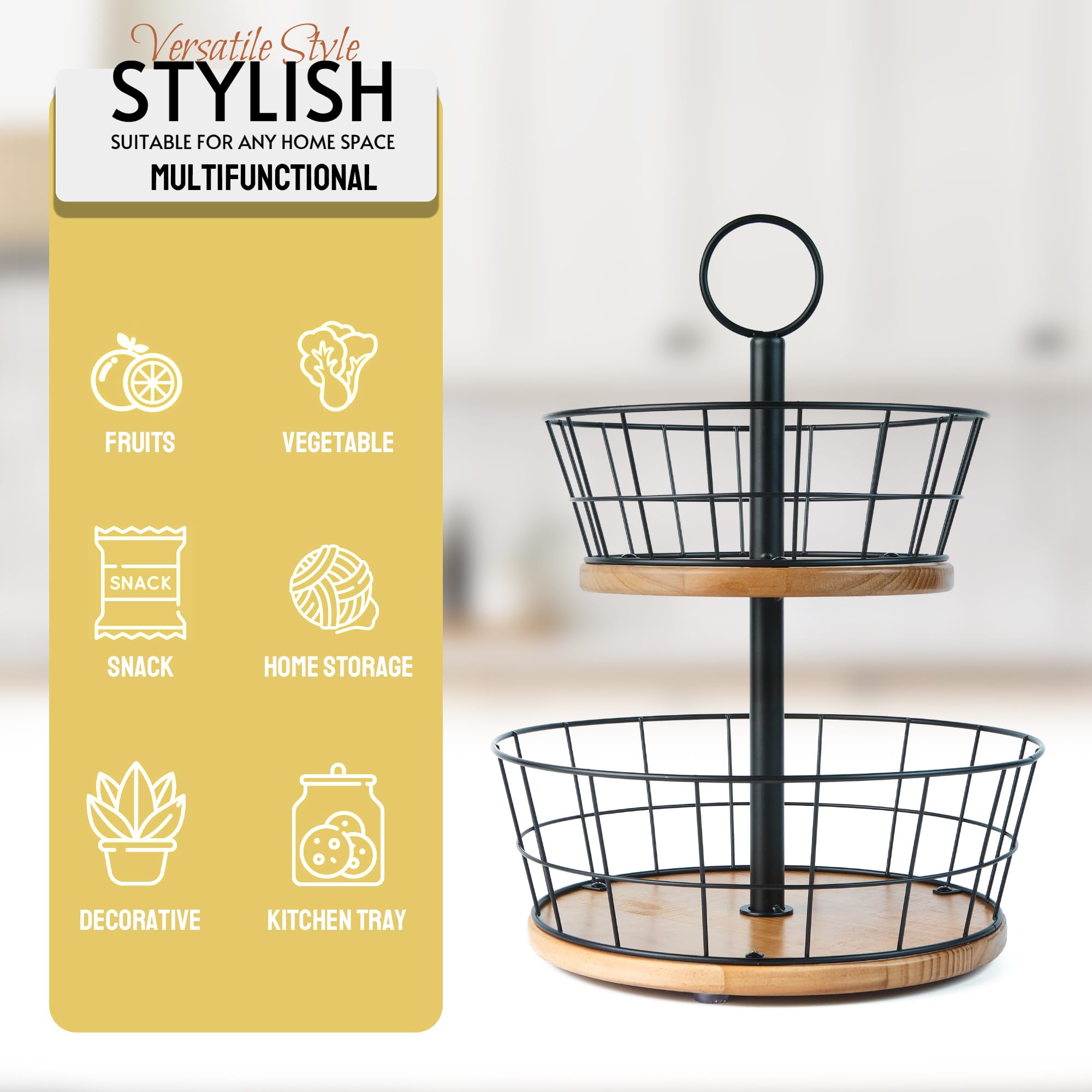 WILDMOS 2 Tier Fruit Bowl - Sturdy Iron Wire Fruit Basket with Real Wood Base, 12 Inch Large Fruit Basket for Kitchen Counter, Anti-Slip Silicone Pads, 2 Tier Fruit and Vegetable Storage Solution