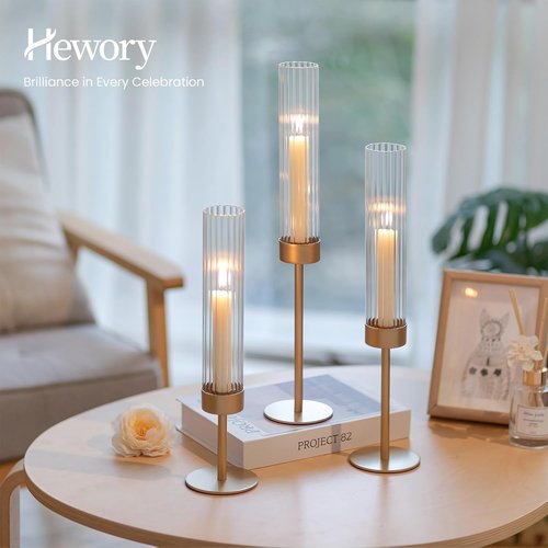 Hewory Gold Hurricane Candle Holders - Set of 3 Tall Brass Taper Holders for Elegant Table Decor