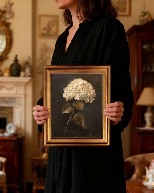Gold Framed Vintage Wall Art - White Hydrangea Canvas Print for Living Room & Bedroom | 12x16 Inch