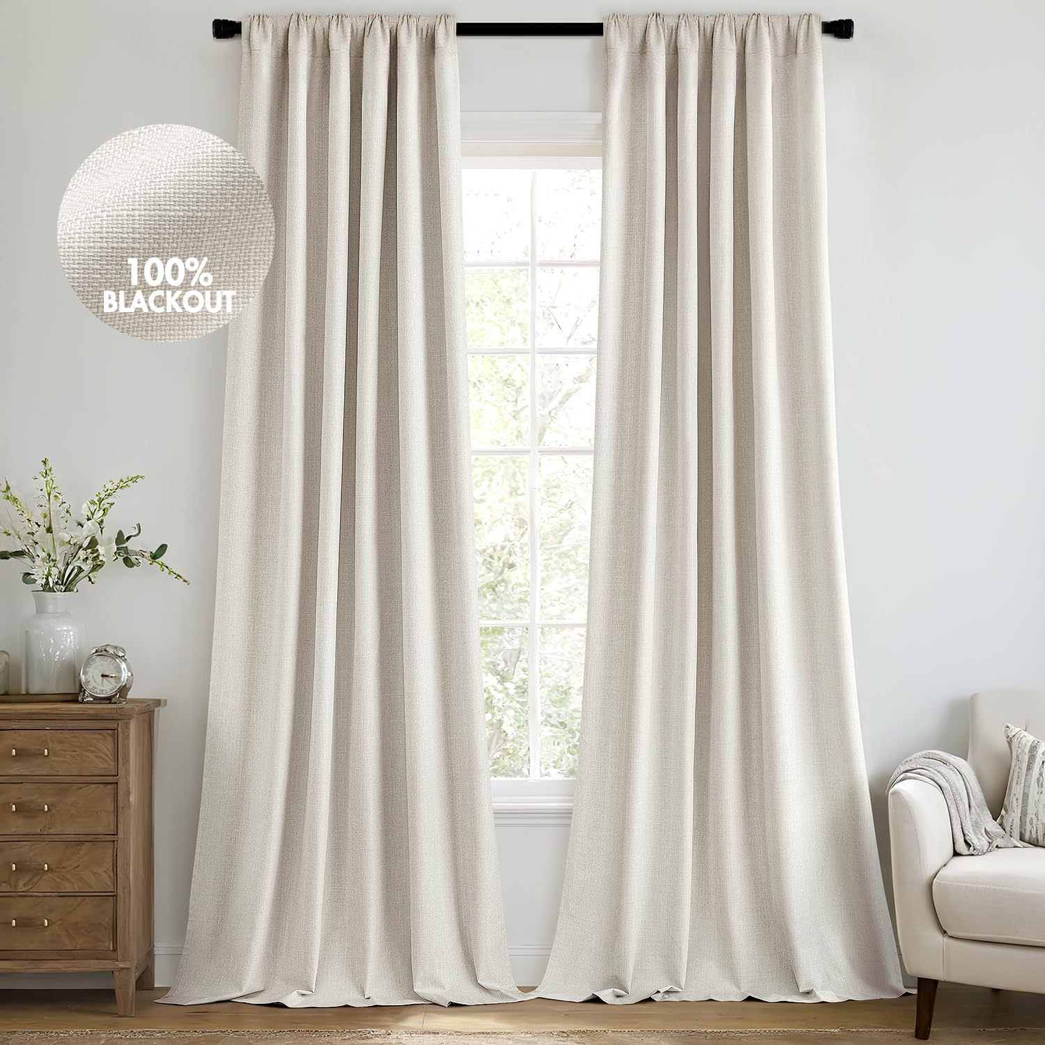 MIULEE 100% Blackout Curtains - Thick Luxury Faux Linen Drapes | 84 Inch Long, Birch, 2 Panels Set for Bedroom