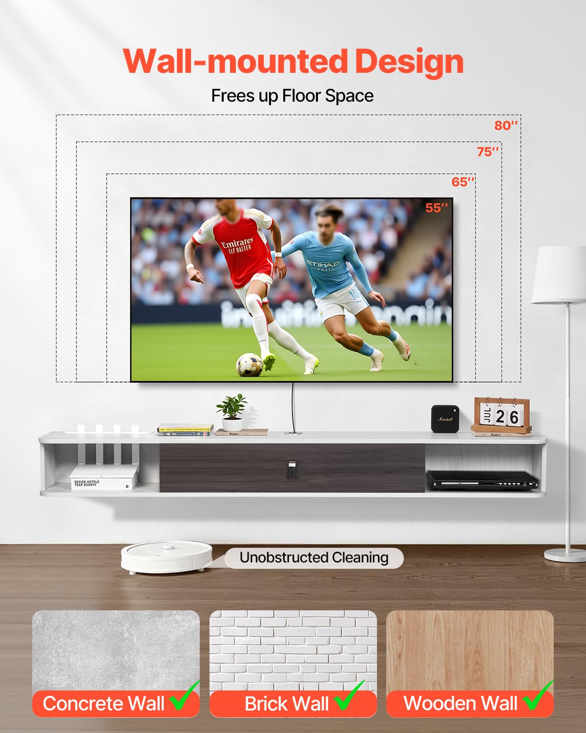 VEVOR Modern Floating TV Stand, 71'' Wall Mounted Media Console for 80 inch TVs, Floating Entertainment Center Under TV Shelf with Storage Cabinet for Bedroom & Living Room, White