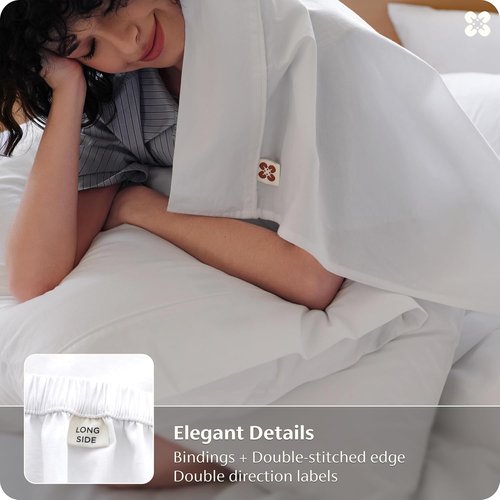 Bedsure 100% Washed Cotton Percale Sheets - Soft & Breathable 6-Piece Queen Set with 18" Deep Pocket (White)