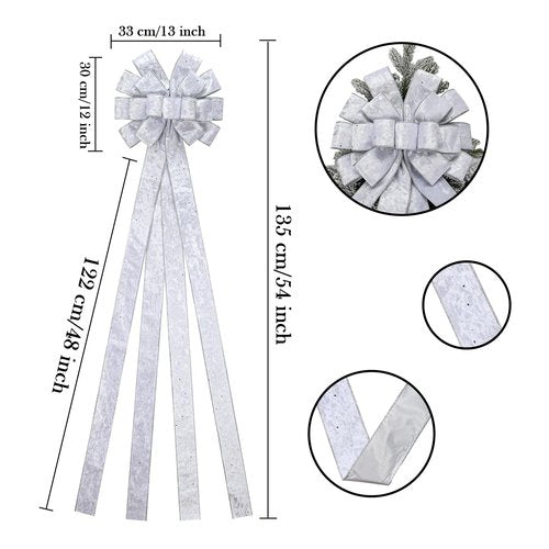 BUVANE Christmas Tree Topper,48x13 Inches Velvet Toppers Bow,Large Decorative Bows for Christmas Decoration (Silver)