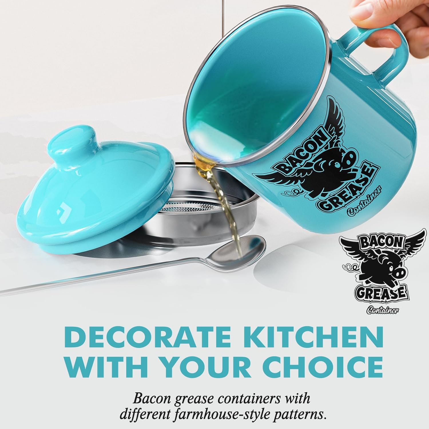 PGYARD Mini Bacon Grease Container - 15oz Enamel Strainer for Farmhouse Kitchen (Light Blue)