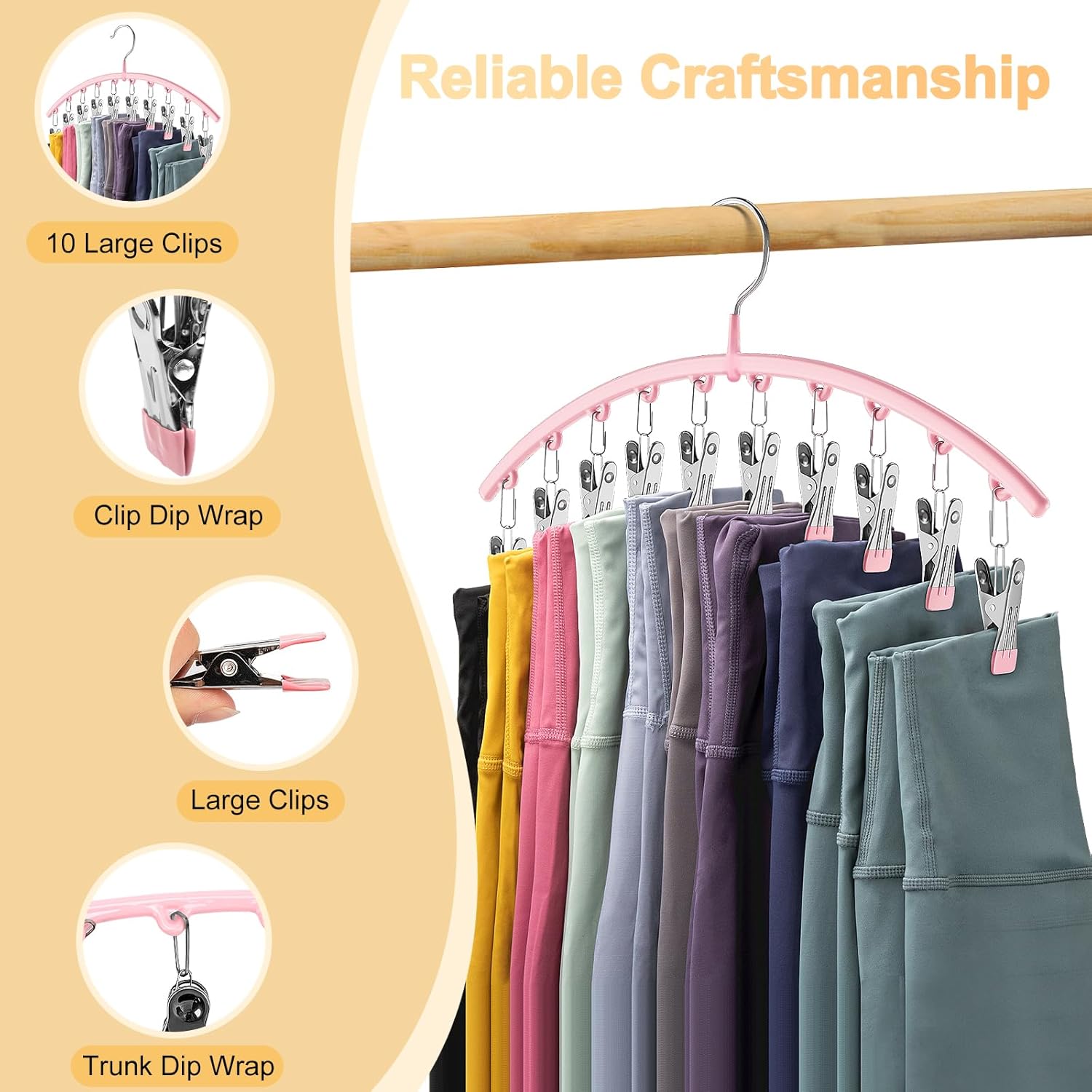 Skiennix Legging Organizer - Space-Saving Metal Yoga Pants Hangers | 2 Pack with 10 Clips, Pink