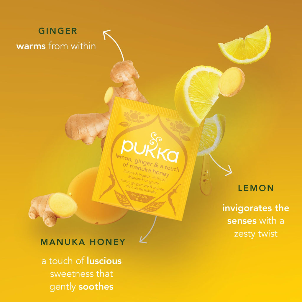 Pukka Organic Lemon, Ginger & Manuka Honey Herbal Tea, Immune Boosting Organic Tea Infusion Selection, With Turmeric, Ideal For Daily Support, Caffeine Free, 80 Total Bags (20ct - Pack of 4)