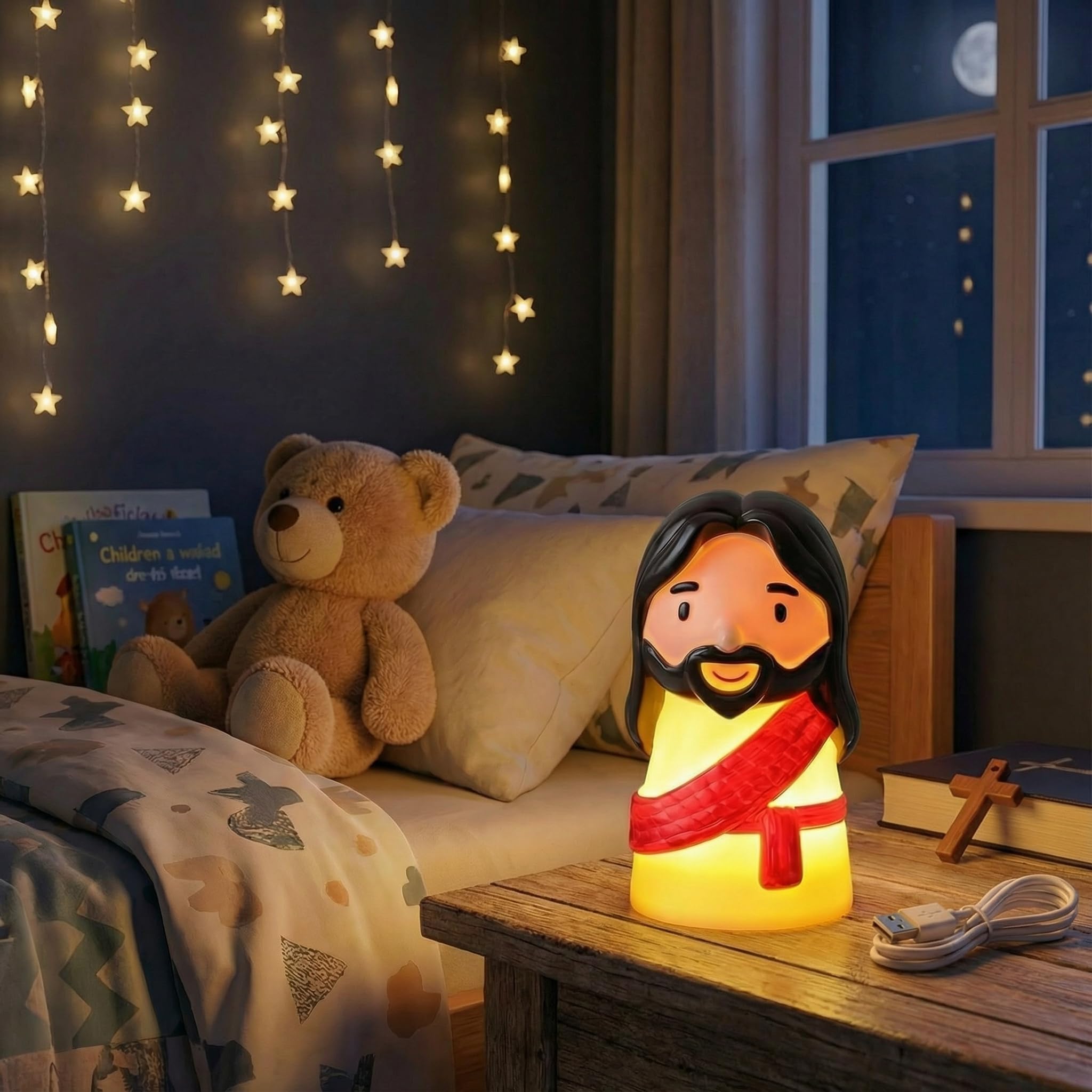 Huquary Cute Jesus Night Light, Jesus Gift, Dimmable PVC Christian Lamp, USB Rechargeable Touch Bedside Light, Baptism Favor, First Communion & Religious Graduation Gifts (3 x 5 Inch)(Red)