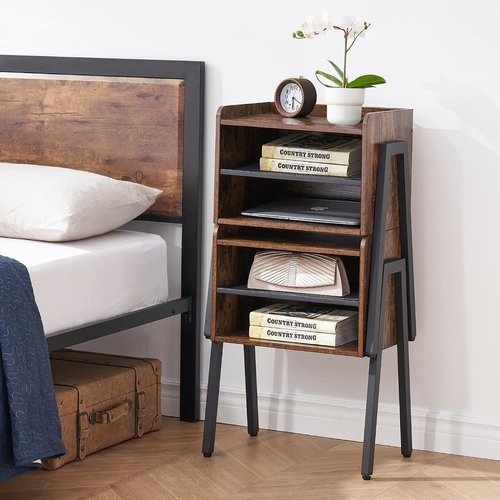 VECELO Nightstand Industrial Side End Table/Stackable Accent Furniture with 2-Tier Open Storage Compartments for Bedroom, Living Room and Small Spaces